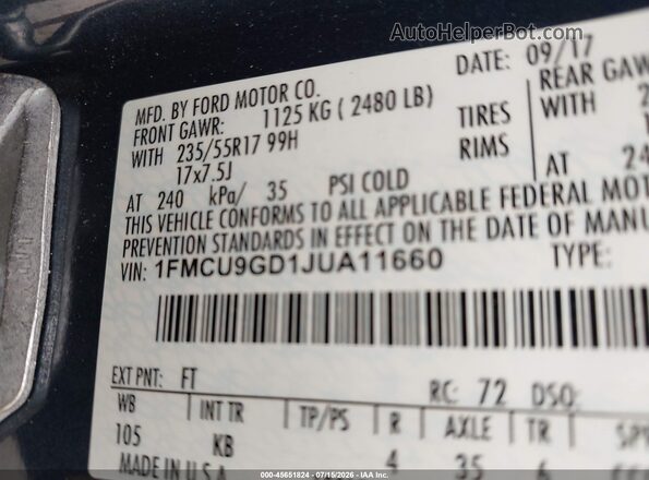 1FMCU9GD1JUA11660 2018 FORD ESCAPE Blue ძრავის განყოფილების ხედი