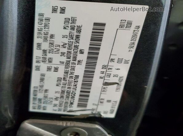 1FMCU9GD1JUA18768 2018 FORD ESCAPE Gray VIN կոդի պիտակի տեսք