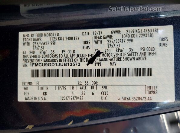 1FMCU9GD1JUB13573 2018 FORD ESCAPE Blue Вид наклейки з VIN-кодом