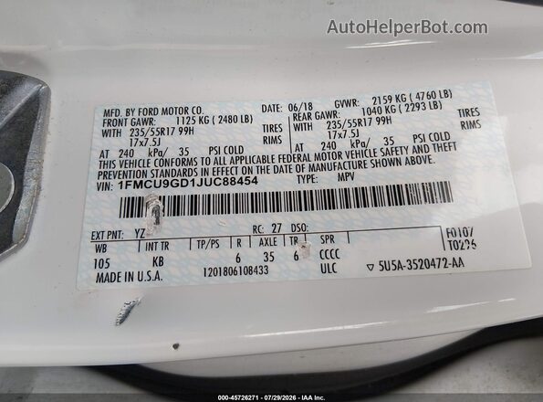1FMCU9GD1JUC88454 2018 FORD ESCAPE White Вид підкапотного простору