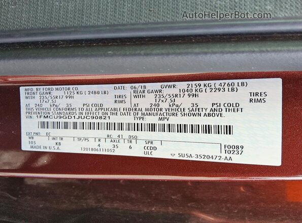 1FMCU9GD1JUC90821 2018 FORD ESCAPE Бордовый Вид подкапотного пространства