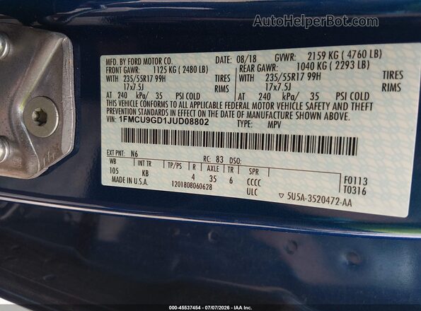 1FMCU9GD1JUD08802 2018 FORD ESCAPE Blue ძრავის განყოფილების ხედი