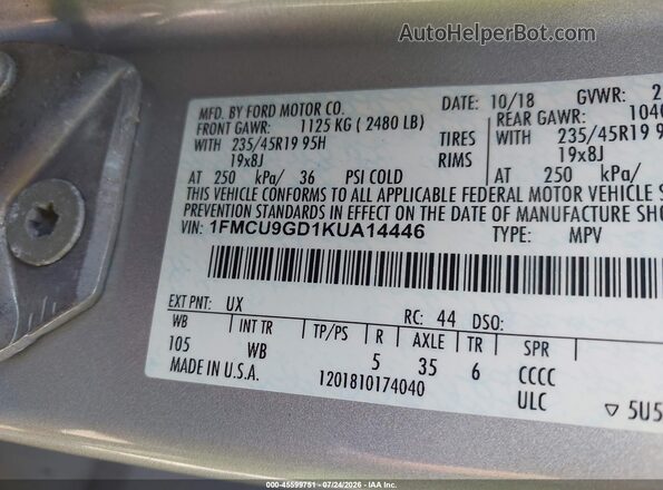 1FMCU9GD1KUA14446 2019 FORD ESCAPE Silver Vista del compartimento del motor