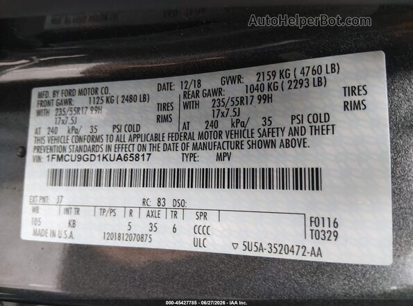 1FMCU9GD1KUA65817 2019 FORD ESCAPE Gray Շարժիչի բաժամունքի տեսք