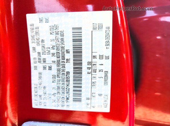1FMCU9GD1KUB55789 2019 FORD ESCAPE Red VIN կոդի պիտակի տեսք