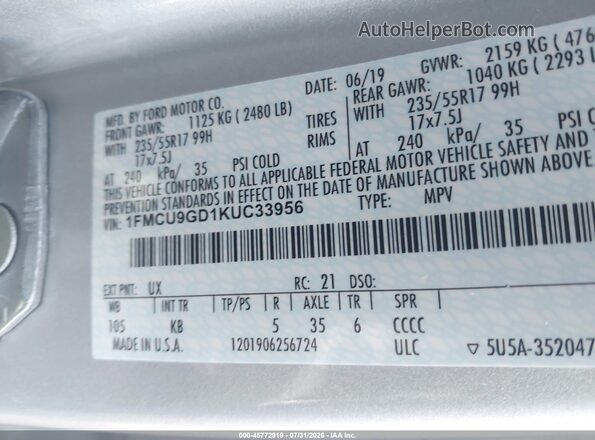 1FMCU9GD1KUC33956 2019 FORD ESCAPE Silver Vista del compartimento del motor