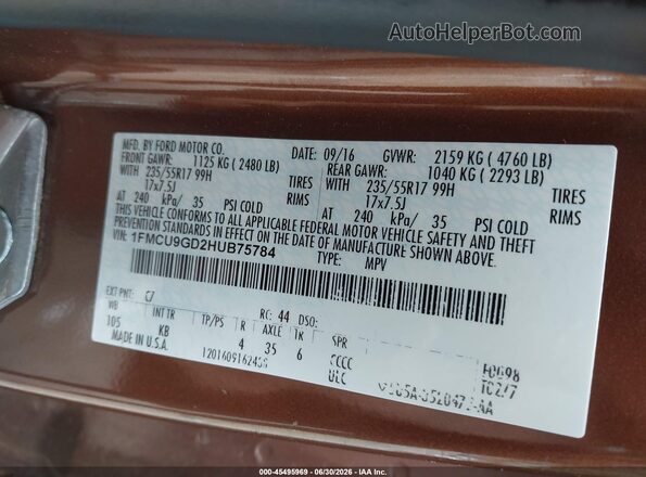 1FMCU9GD2HUB75784 2017 FORD ESCAPE Brown ძრავის განყოფილების ხედი