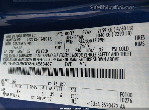1FMCU9GD2HUE83487 2017 FORD ESCAPE Blue Engine compartment view