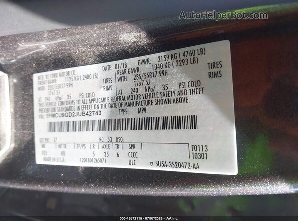 1FMCU9GD2JUB42743 2018 FORD ESCAPE Серый Вид подкапотного пространства