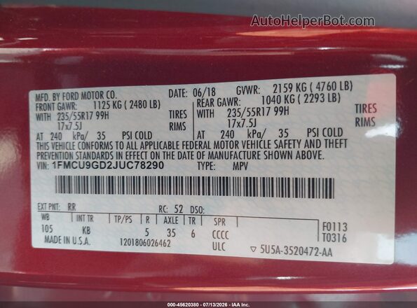 1FMCU9GD2JUC78290 2018 FORD ESCAPE Red Vista del compartimento del motor