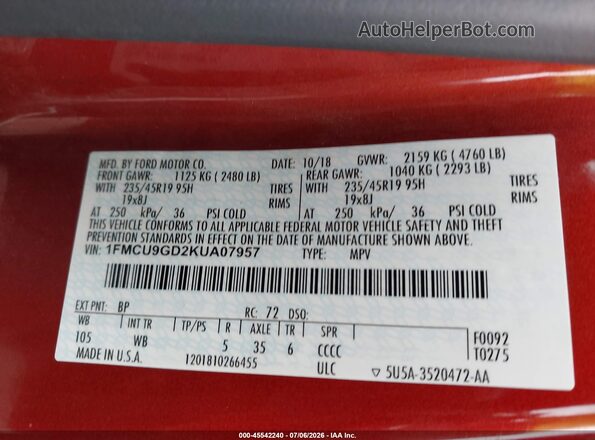1FMCU9GD2KUA07957 2019 FORD ESCAPE Orange Вид підкапотного простору