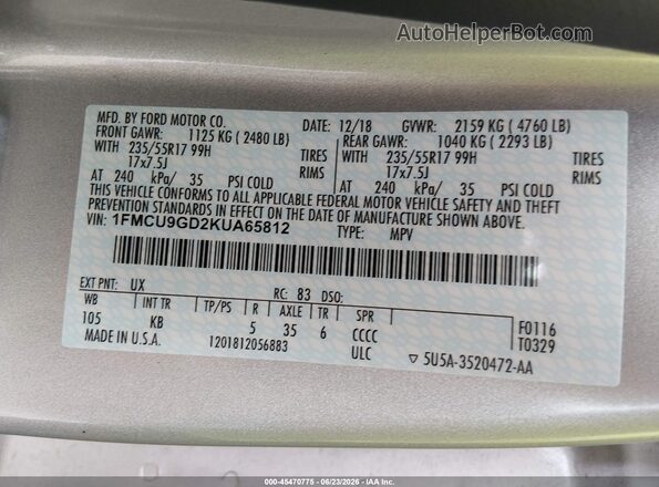 1FMCU9GD2KUA65812 2019 FORD ESCAPE Серебряный Вид подкапотного пространства