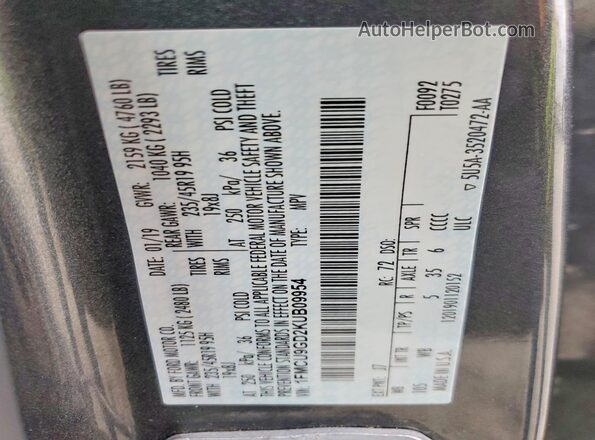 1FMCU9GD2KUB09954 2019 FORD ESCAPE Gray VIN sticker view