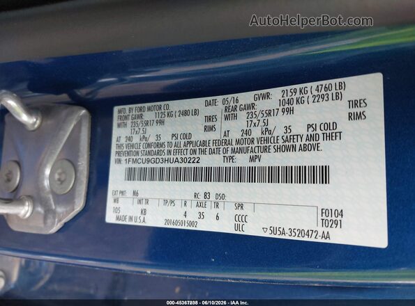 1FMCU9GD3HUA30222 2017 FORD ESCAPE Blue Вид підкапотного простору