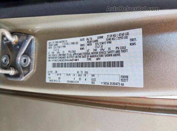 1FMCU9GD3HUA67481 2017 FORD ESCAPE Beige Вид наклейки з VIN-кодом