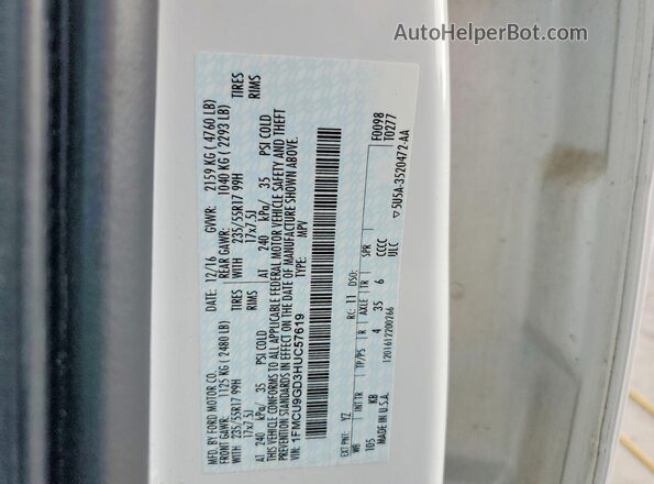 1FMCU9GD3HUC57619 2017 FORD ESCAPE White Vista de la etiqueta del VIN