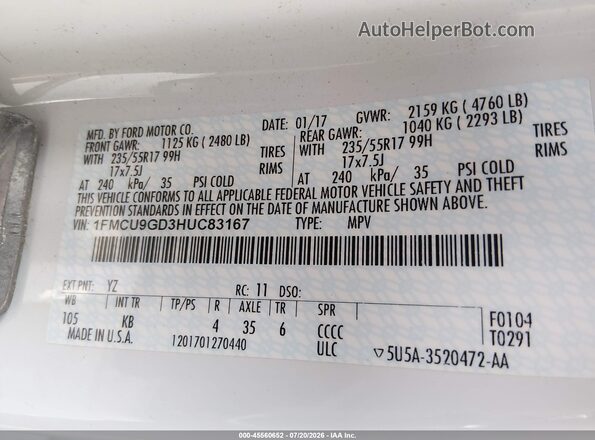 1FMCU9GD3HUC83167 2017 FORD ESCAPE White Вид підкапотного простору