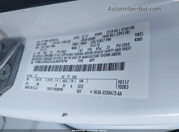 1FMCU9GD3JUA97876 2018 FORD ESCAPE White Widok komory silnika