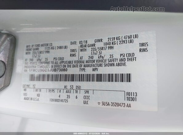 1FMCU9GD3JUB73080 2018 FORD ESCAPE Белый Вид подкапотного пространства