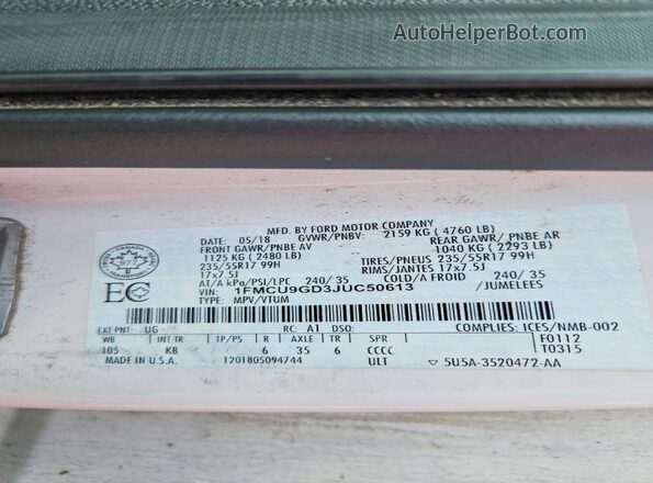 1FMCU9GD3JUC50613 2018 FORD ESCAPE White 360 interior view