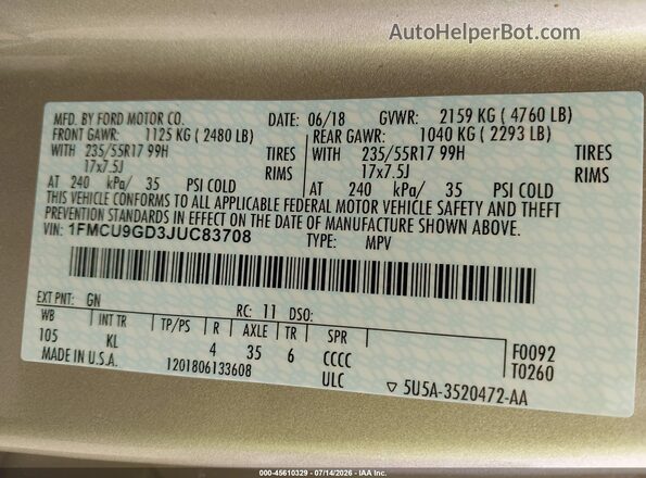1FMCU9GD3JUC83708 2018 FORD ESCAPE Tan ძრავის განყოფილების ხედი