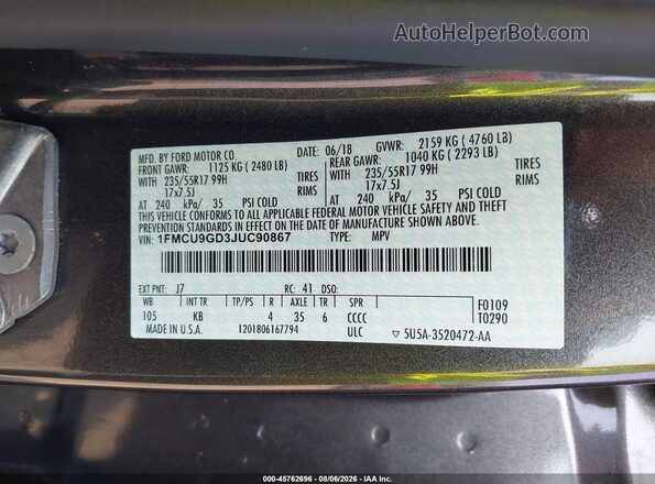 1FMCU9GD3JUC90867 2018 FORD ESCAPE Gray Vista del compartimento del motor