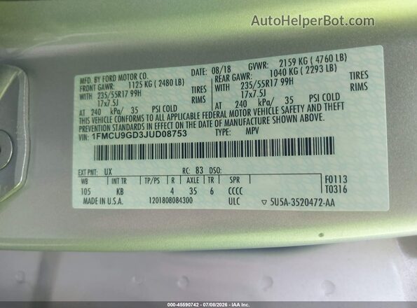 1FMCU9GD3JUD08753 2018 FORD ESCAPE Silver Շարժիչի բաժամունքի տեսք