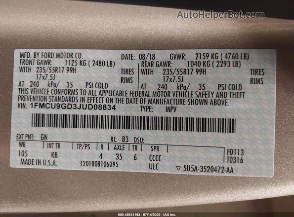 1FMCU9GD3JUD08834 2018 FORD ESCAPE Gold Շարժիչի բաժամունքի տեսք