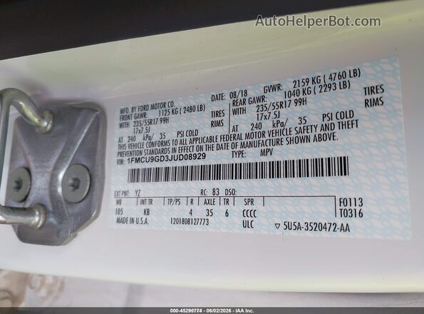1FMCU9GD3JUD08929 2018 FORD ESCAPE White Engine compartment view