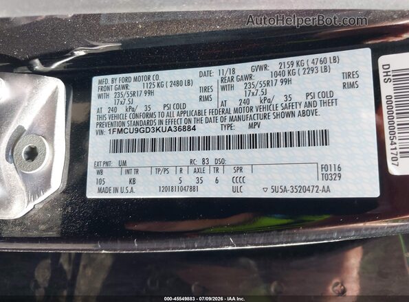 1FMCU9GD3KUA36884 2019 FORD ESCAPE Black Engine compartment view