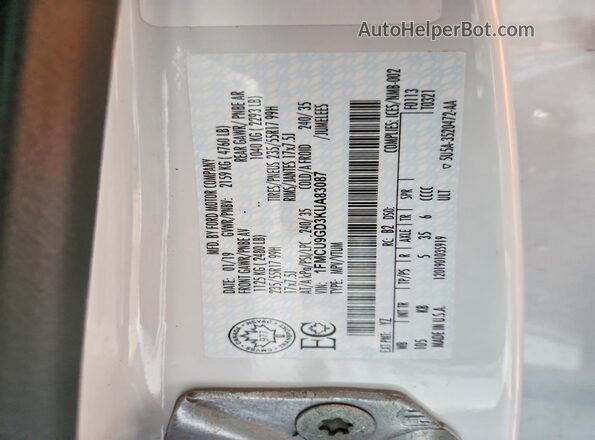 1FMCU9GD3KUA83087 2019 FORD ESCAPE White VIN կոդի պիտակի տեսք