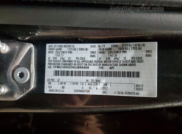 1FMCU9GD3KUB96408 2019 FORD ESCAPE Black Vista interior de 360 grados