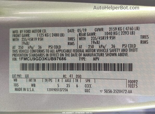 1FMCU9GD3KUB97686 2019 FORD ESCAPE Silver Вид підкапотного простору