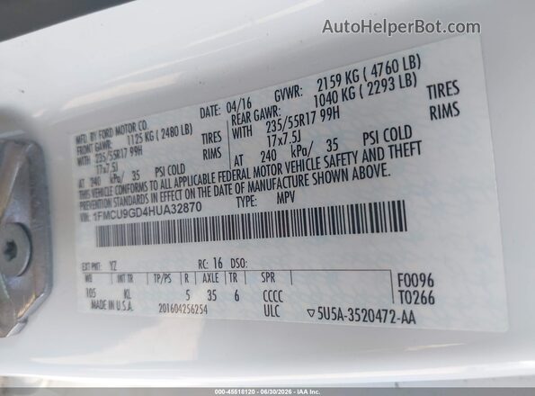 1FMCU9GD4HUA32870 2017 FORD ESCAPE White Engine compartment view
