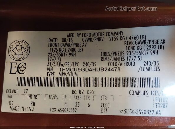 1FMCU9GD4HUB24478 2017 FORD ESCAPE Brown Vista del compartimento del motor