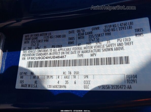 1FMCU9GD4HUB48487 2017 FORD ESCAPE Blue Շարժիչի բաժամունքի տեսք