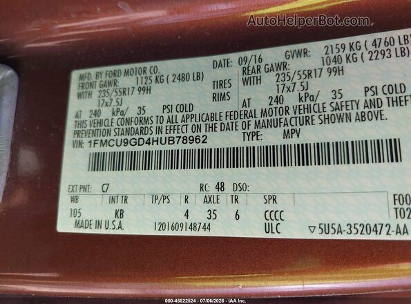 1FMCU9GD4HUB78962 2017 FORD ESCAPE Orange Engine compartment view