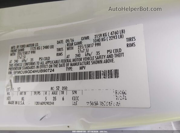 1FMCU9GD4HUB90724 2017 FORD ESCAPE White Շարժիչի բաժամունքի տեսք