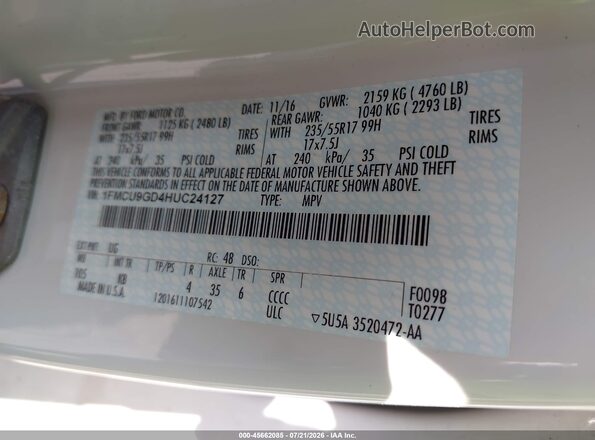 1FMCU9GD4HUC24127 2017 FORD ESCAPE Белый Вид подкапотного пространства