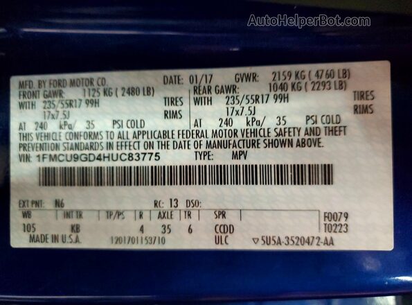 1FMCU9GD4HUC83775 2017 FORD ESCAPE Blue Widok naklejki z numerem VIN