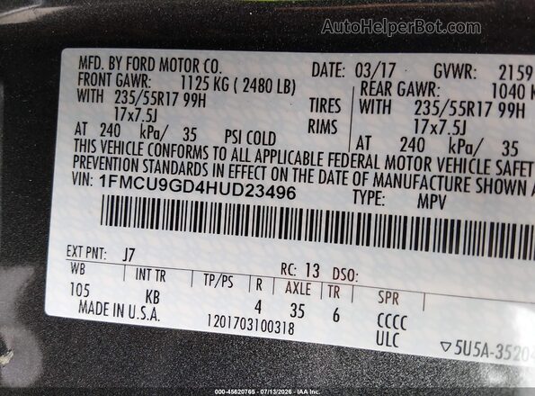 1FMCU9GD4HUD23496 2017 FORD ESCAPE Gray Engine compartment view