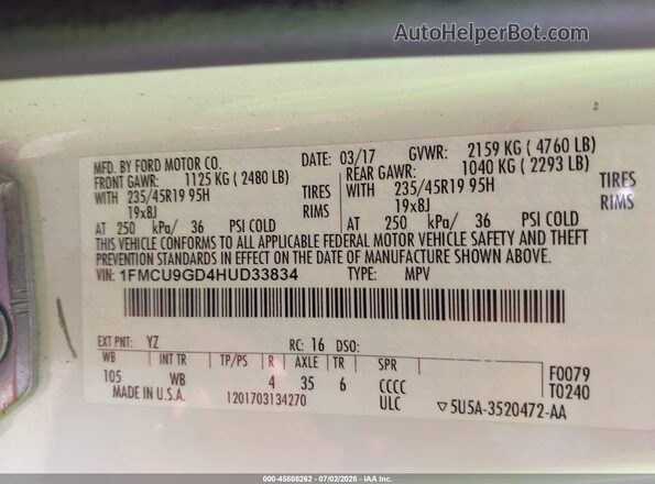 1FMCU9GD4HUD33834 2017 FORD ESCAPE White ძრავის განყოფილების ხედი