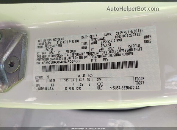 1FMCU9GD4HUF03433 2017 FORD ESCAPE White ძრავის განყოფილების ხედი