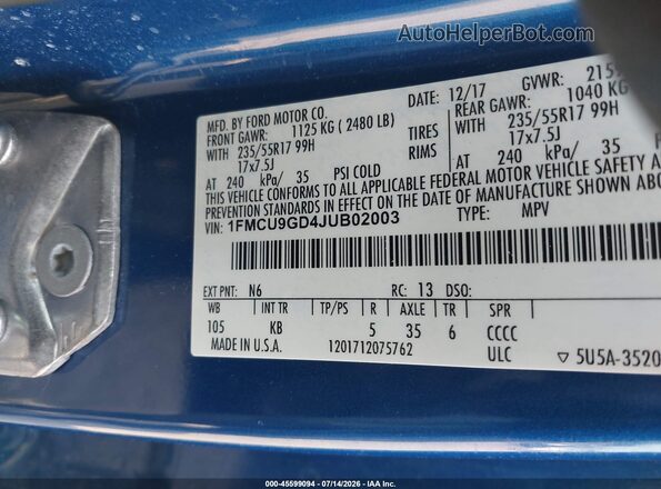 1FMCU9GD4JUB02003 2018 FORD ESCAPE Blue Engine compartment view
