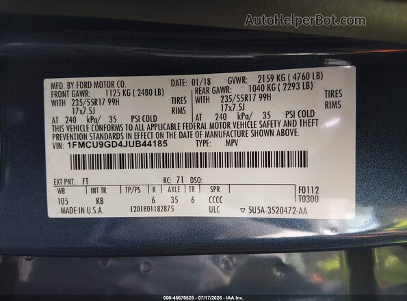 1FMCU9GD4JUB44185 2018 FORD ESCAPE Blue Engine compartment view
