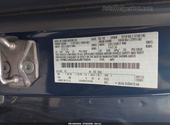 1FMCU9GD4JUB73024 2018 FORD ESCAPE Light Blue Շարժիչի բաժամունքի տեսք