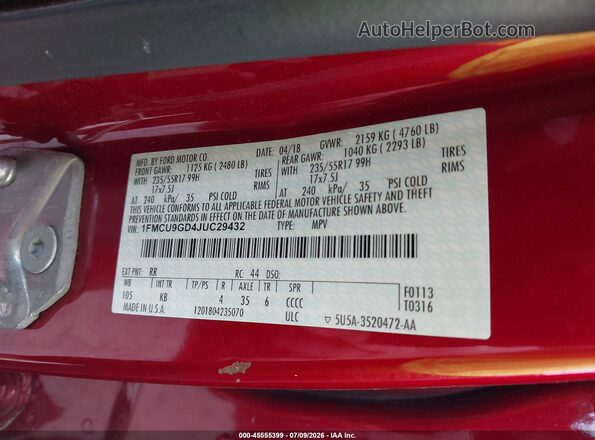 1FMCU9GD4JUC29432 2018 FORD ESCAPE Red Vista del compartimento del motor