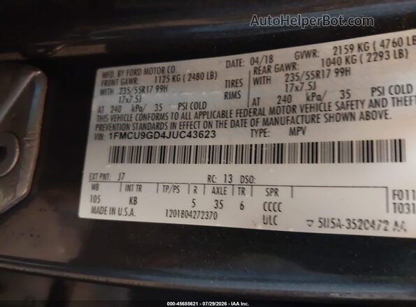 1FMCU9GD4JUC43623 2018 FORD ESCAPE Серый Вид подкапотного пространства
