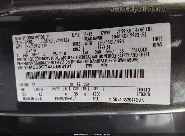 1FMCU9GD4JUD08101 2018 FORD ESCAPE Gray Вид підкапотного простору