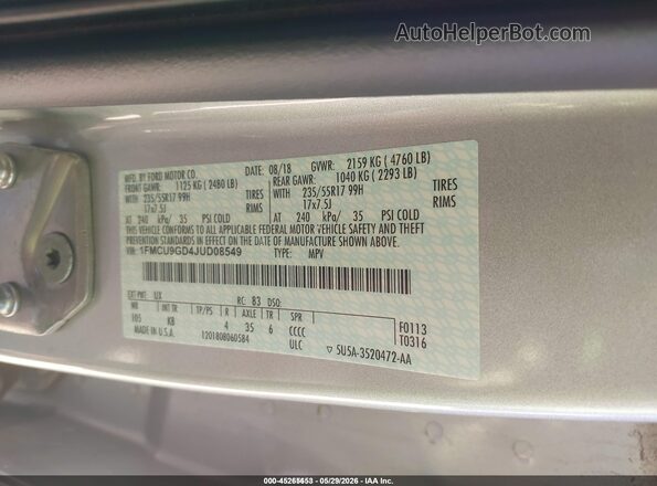 1FMCU9GD4JUD08549 2018 FORD ESCAPE Серебряный Вид подкапотного пространства